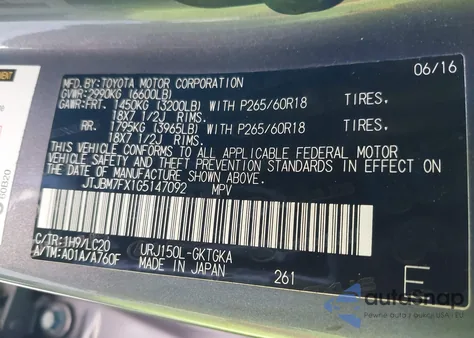 2016 Lexus Gx 460 z USA, uszkodzony, nr VIN JTJBM7FX1G5147092